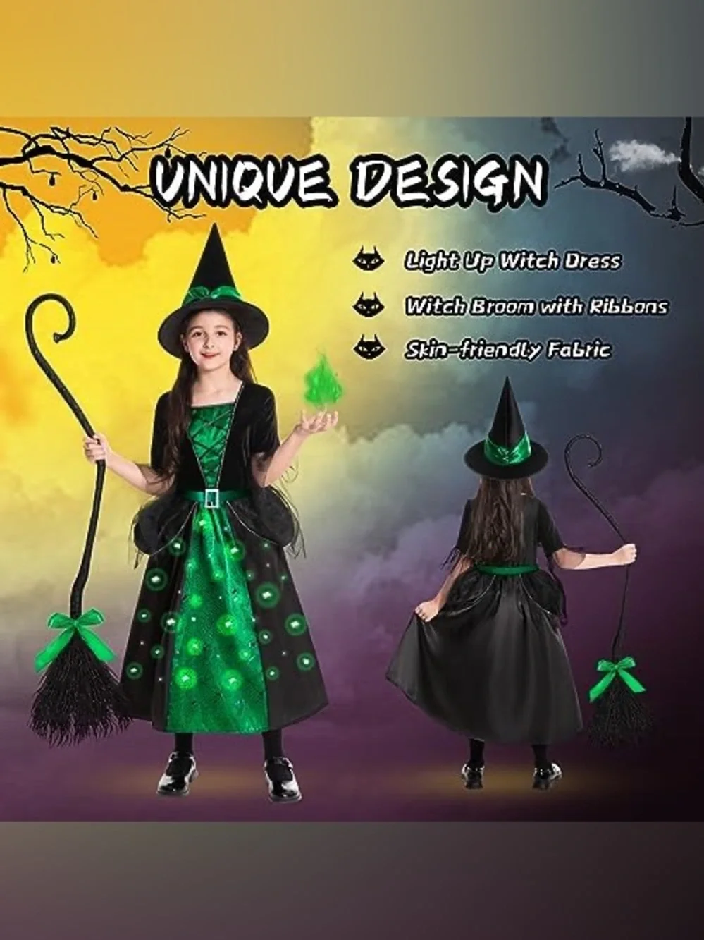 Poshetion Girls Witch Costumes, Light Up Halloween Witch Dress with Witch Broom